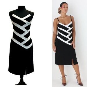 Joseph Ribkoff black white striped zigzag spaghetti strap bodycon midi dress 8